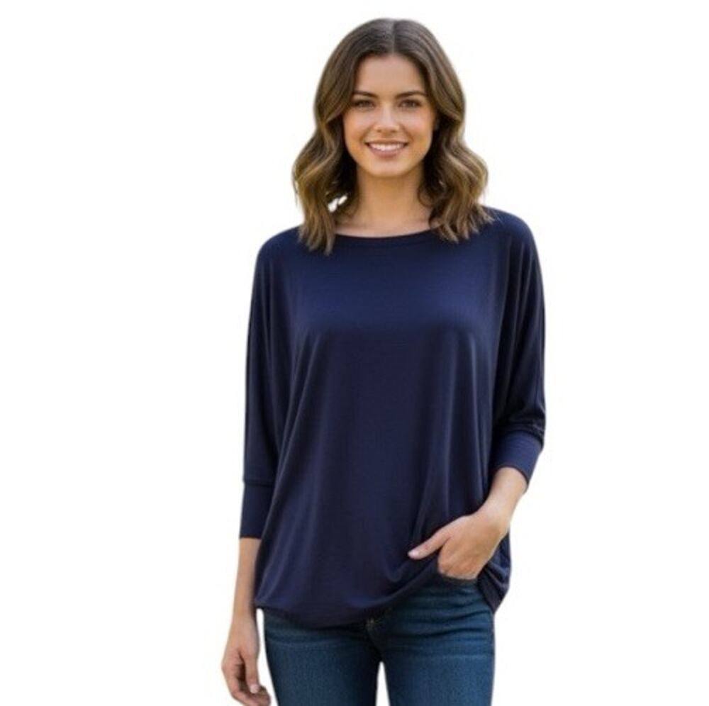 Karlie Womens Navy Blue Dolman Sleeve Knit Top Boat Neck Style#2503 Size Medium